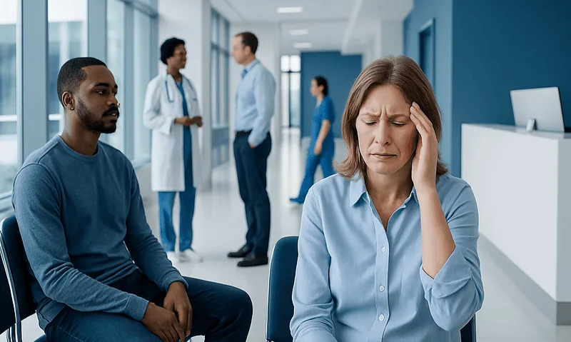 Patient experiencing headache in a hospital waiting area.