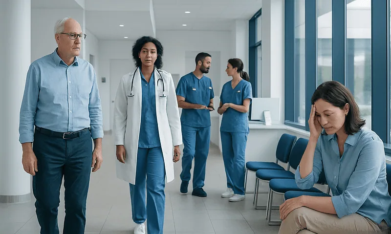 Medical team in hospital corridor with patient experiencing headache.