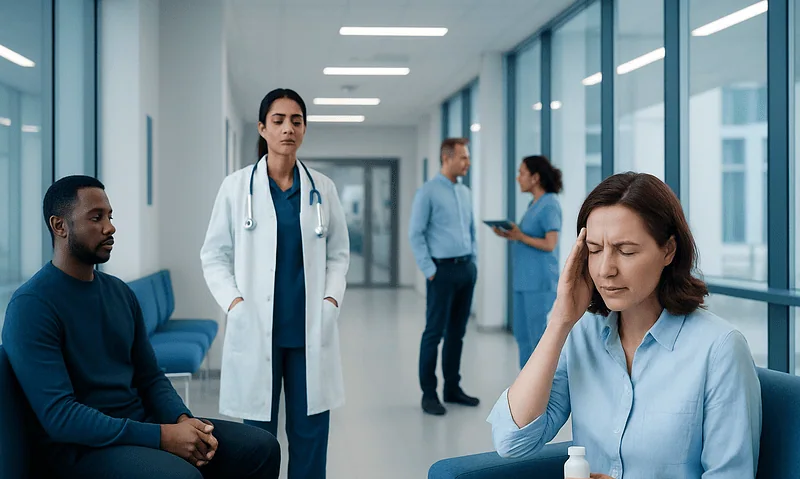 Patient with headache in hospital waiting area with medical staff nearby.