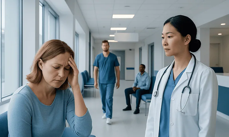 Patient experiencing headache in hospital corridor with medical staff nearby.