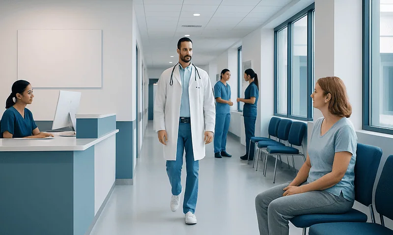 Doctor consulting a patient in a modern hospital corridor.