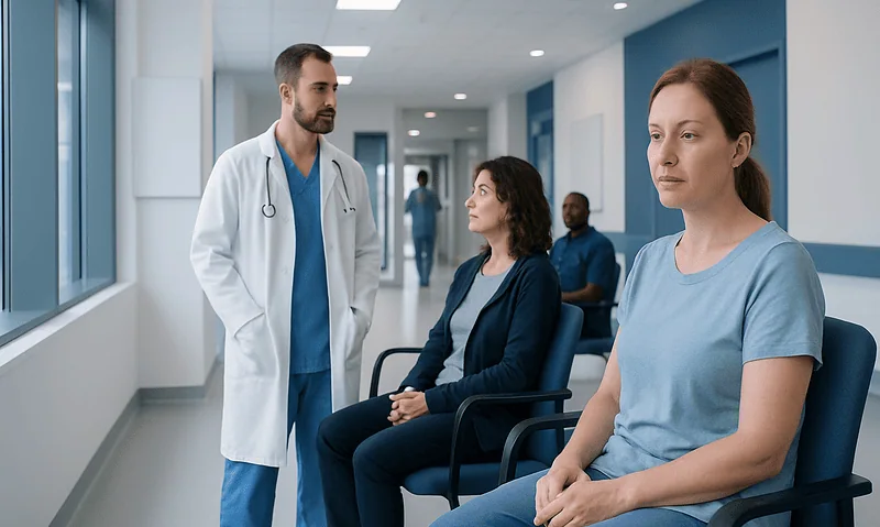 Patients waiting in a hospital corridor with a doctor consulting a woman.
