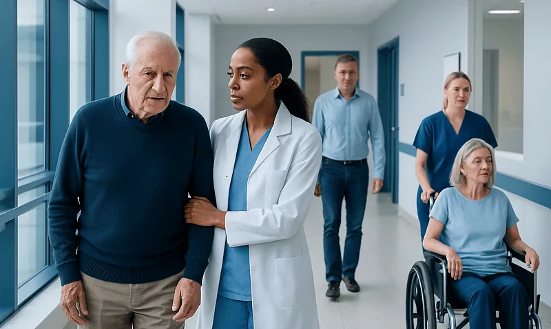 Healthcare professionals caring for elderly patients in a hospital corridor.