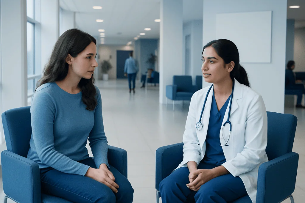 PCOS and Fertility: Why Ovulation Problems Make Conceiving Harder 1 Doctor consulting with a patient in a modern hospital lobby.