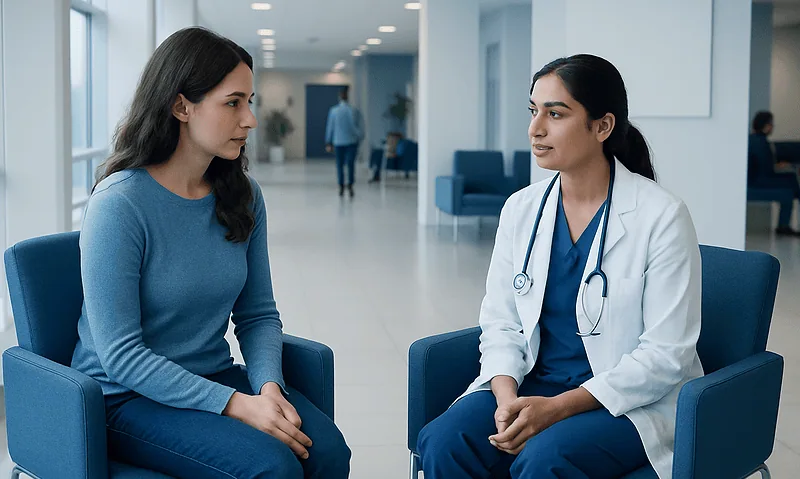 Doctor consulting with a patient in a modern hospital lobby.