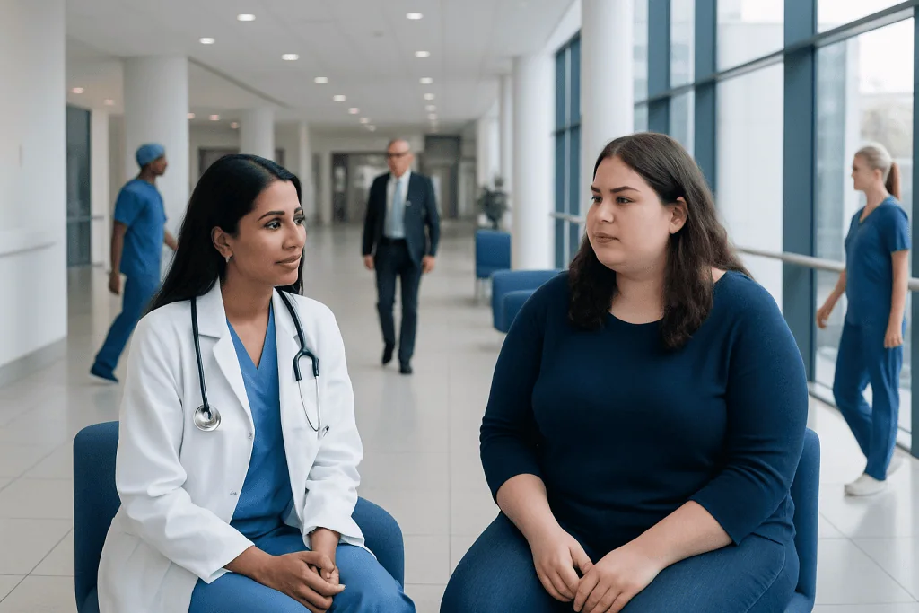 PCOS and Fertility: Why Ovulation Problems Can Make Conception Harder 1 Doctor consulting with a patient in a hospital corridor.
