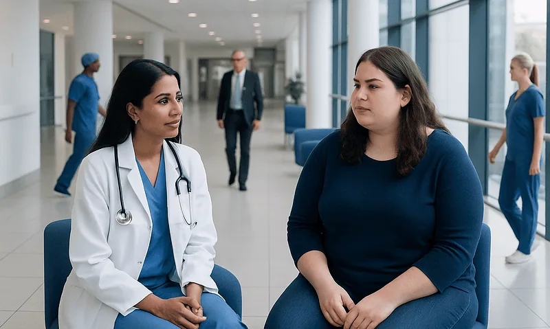 Doctor consulting with a patient in a hospital corridor.