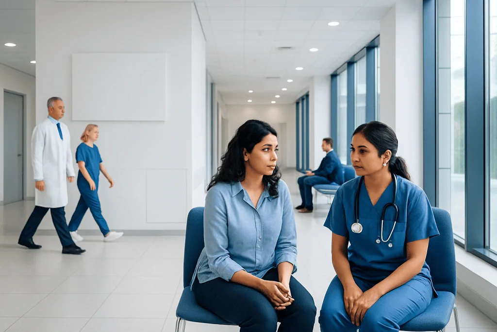 PCOS and Infertility: Why Ovulation Becomes Irregular 1 Medical consultation in a modern hospital corridor with healthcare professionals and patients.