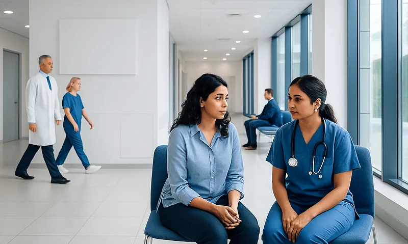 Medical consultation in a modern hospital corridor with healthcare professionals and patients.