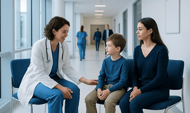 How Pediatric Diseases Are Diagnosed: Tests and Next Steps 4 Pediatric consultation in a hospital corridor with doctor, mother, and child.