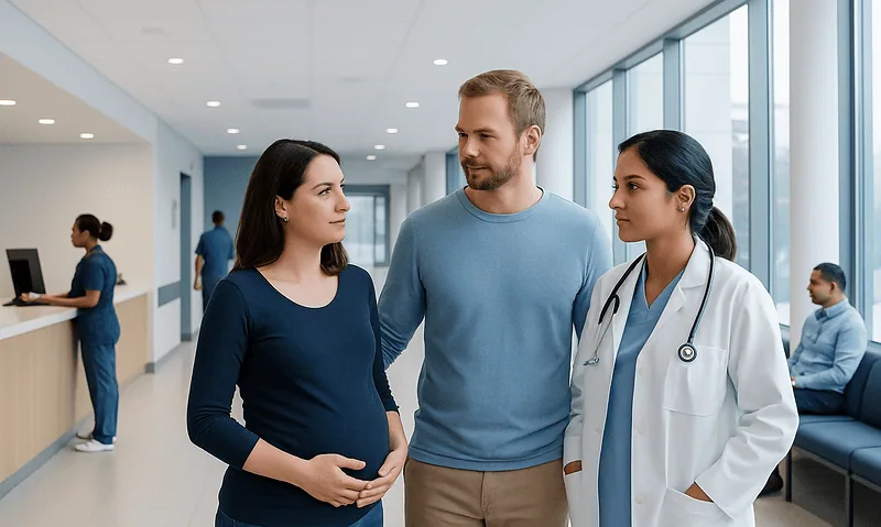 Pregnant woman consulting with a doctor and partner in a hospital corridor.