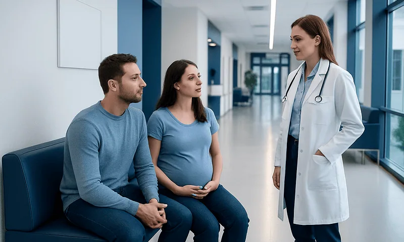 Doctor consulting pregnant couple in hospital corridor.