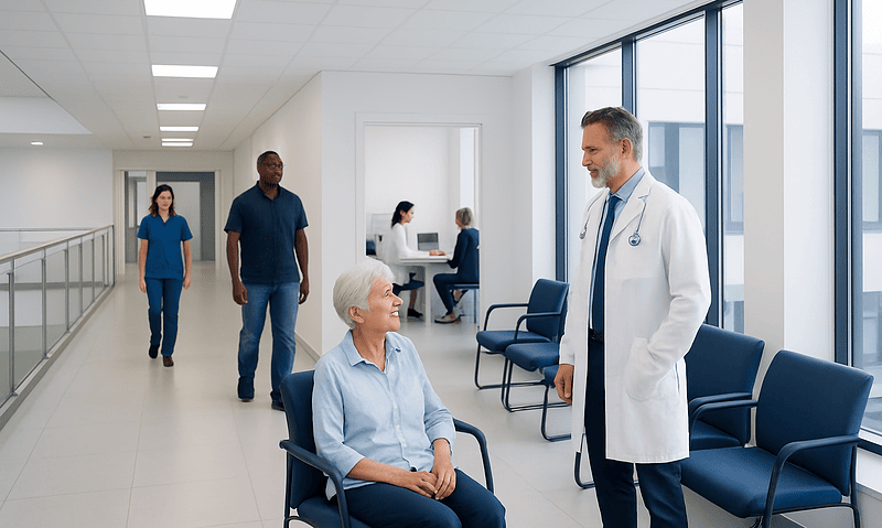 Doctor consulting elderly patient in hospital corridor with medical staff in background.