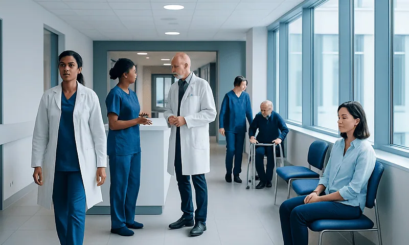 Medical staff and patients in a hospital corridor with large windows.