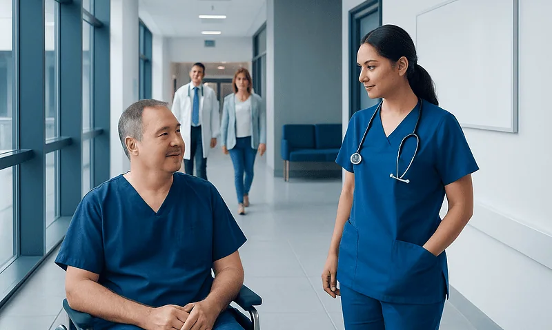 Healthcare professionals and patient in hospital corridor after kidney transplant.