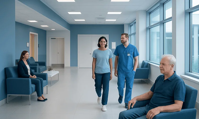 Medical team and patient in hospital corridor at Acibadem Hospitals Group.