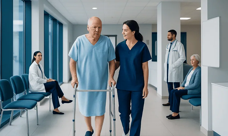 Older man walking with nurse in hospital corridor after bypass surgery.