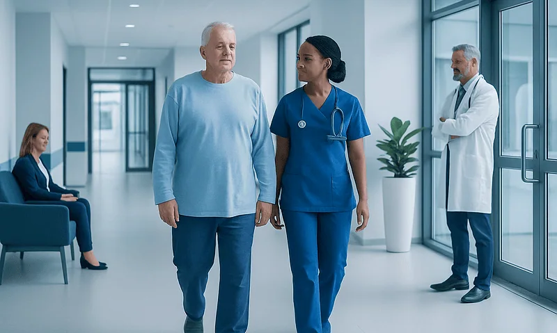 Patient walking with nurse in hospital corridor after CABG surgery.
