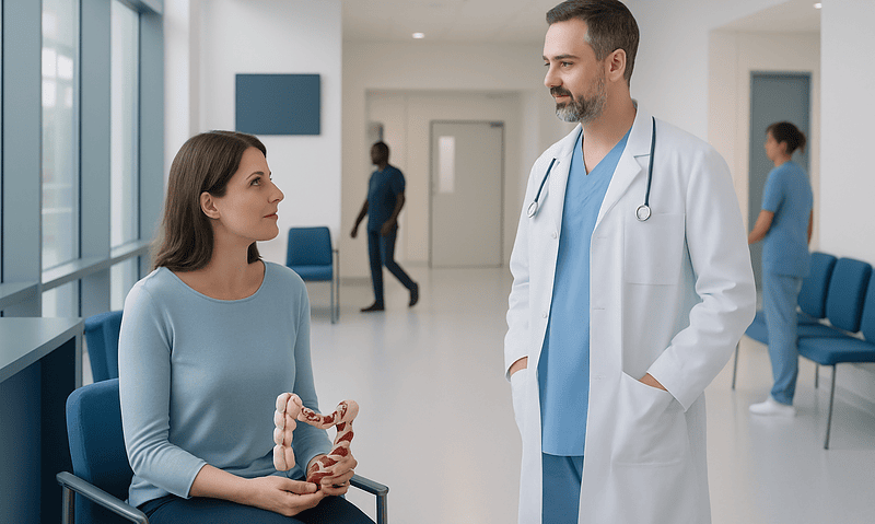 Colonoscopy Risks and Side Effects: What Is Normal and What Is Not 18 Doctor consulting female patient holding a colon model in hospital corridor.