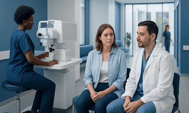 Optometrist performs eye test on a patient in a modern clinic setting.