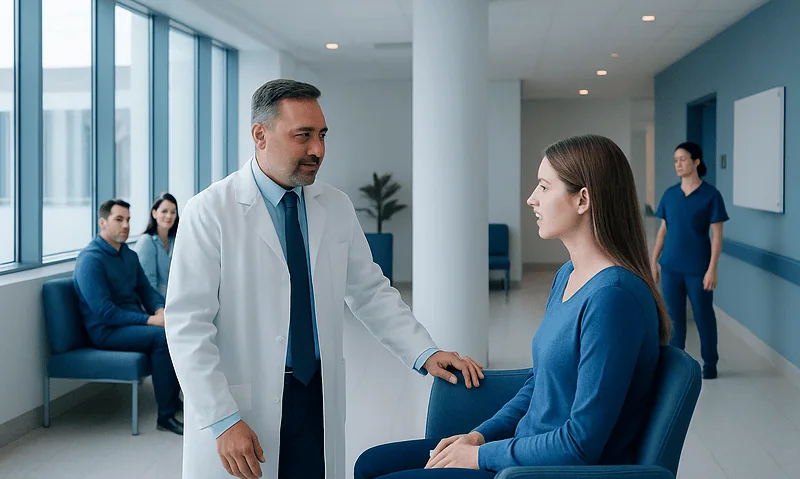 Doctor consulting with a patient in a modern hospital corridor.
