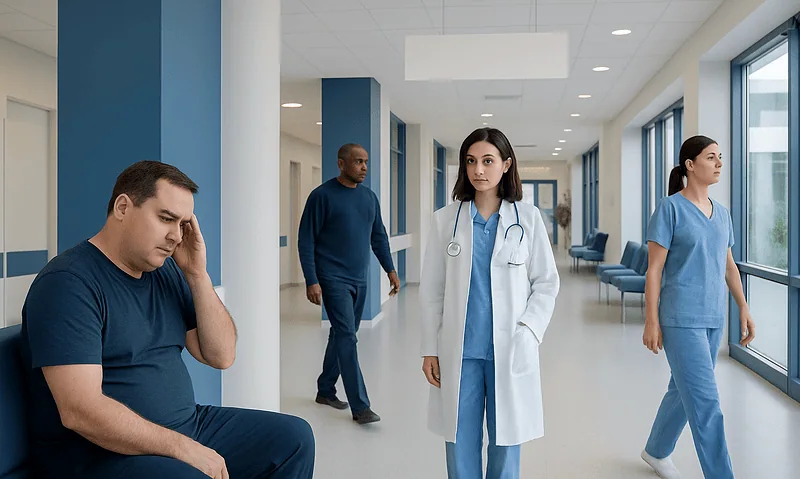 Medical professionals and patient in hospital corridor at Acibadem Hospitals Group.