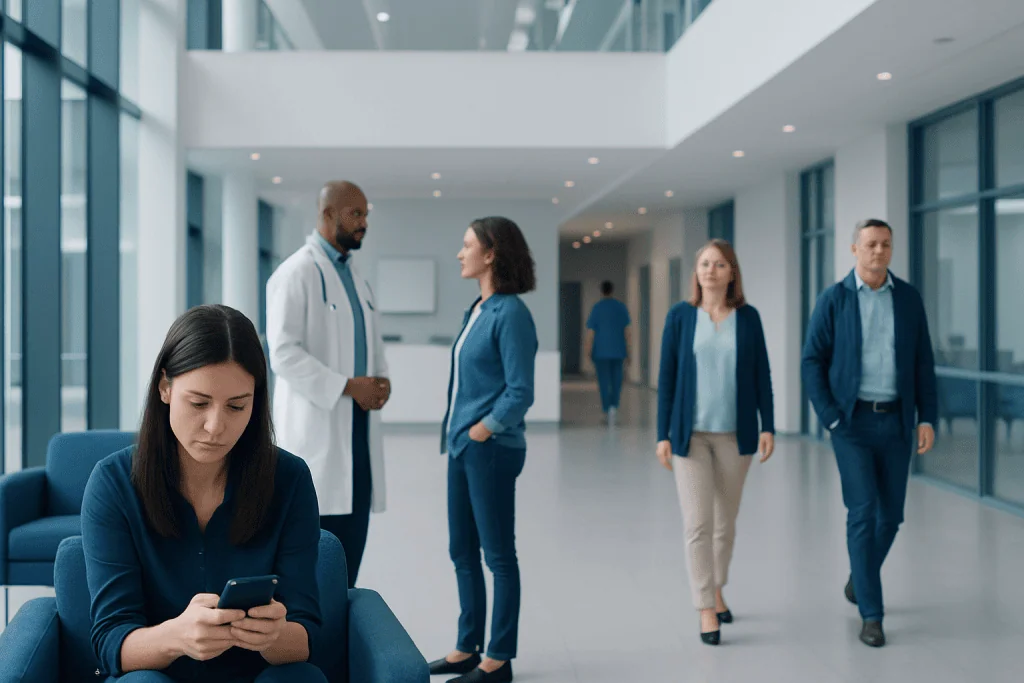 Mental Health and Social Media in Adults: How to Recognize Harmful Patterns 1 Patients and healthcare professionals in a modern hospital lobby.