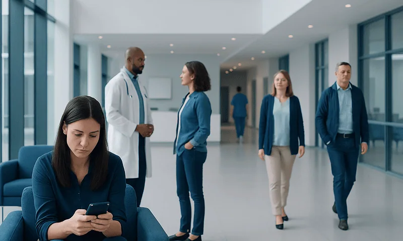 Patients and healthcare professionals in a modern hospital lobby.
