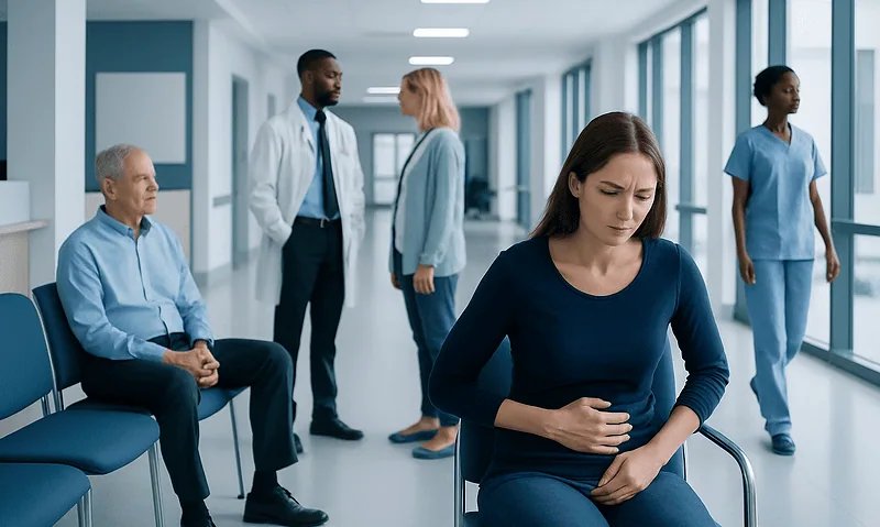 Digestive Problems and Stress: Understanding the Gut-Brain Connection 1 Patient experiencing stomach pain in a hospital corridor with medical staff nearby.