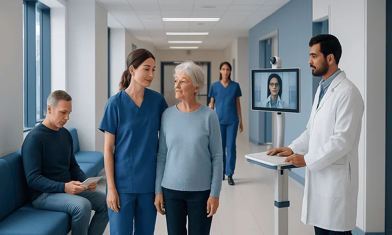 Healthcare professionals assist elderly patient in modern hospital corridor.