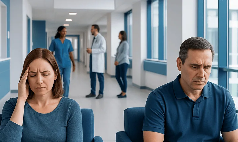 Patients experiencing headache symptoms in a hospital corridor.