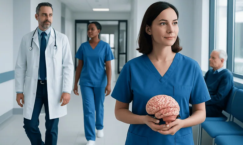Healthcare professionals holding a brain model in a hospital corridor.