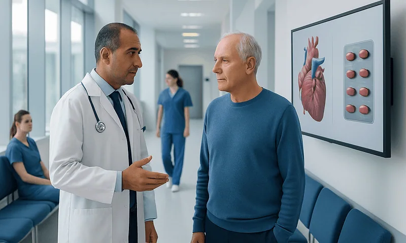 Doctor consulting with patient in hospital corridor with heart diagram on screen.