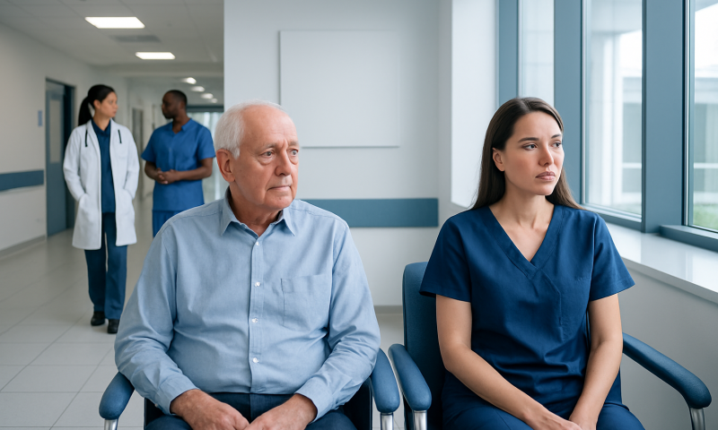 Patients waiting in a hospital corridor with medical staff in the background.