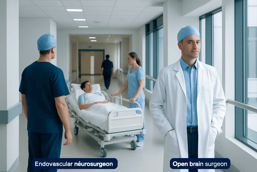 Endovascular Neurosurgery vs Open Brain Surgery: When Is a Minimally Invasive Approach Possible? 1 Medical team in hospital corridor with patient bed, doctors, and nurses.
