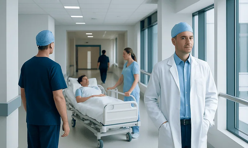 Medical team in hospital corridor with patient bed, doctors, and nurses.