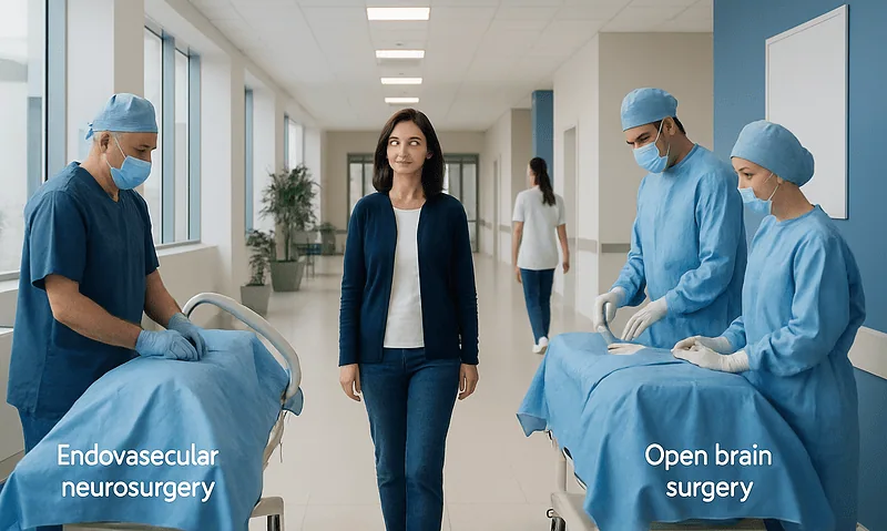 Medical professionals preparing for endovascular and open brain surgery procedures.