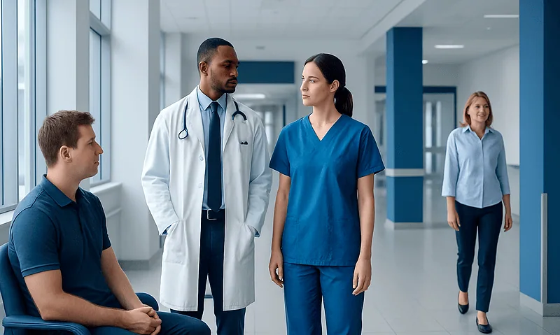 Medical team discussing patient care in hospital corridor.