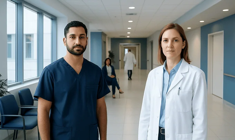 Medical professionals in hospital corridor at Acibadem Hospitals Group.