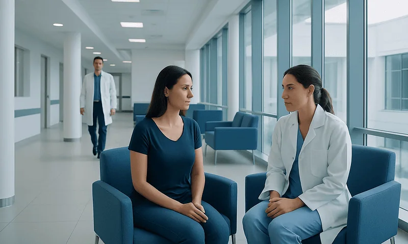 Patient consulting with doctor in modern hospital corridor.