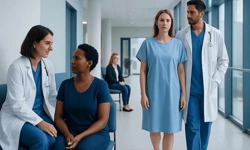Vaginal Hysterectomy vs Abdominal Hysterectomy: Key Differences 5 Medical consultation with healthcare professionals in hospital corridor.
