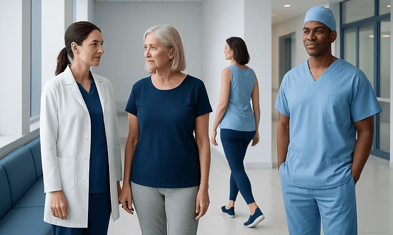 Medical team consulting with a patient in a hospital corridor.
