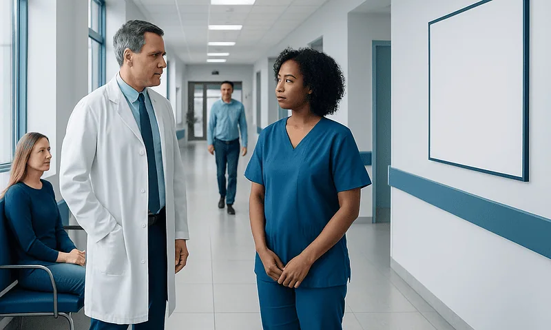 Health Library 15 Medical team discussing patient care in hospital corridor.