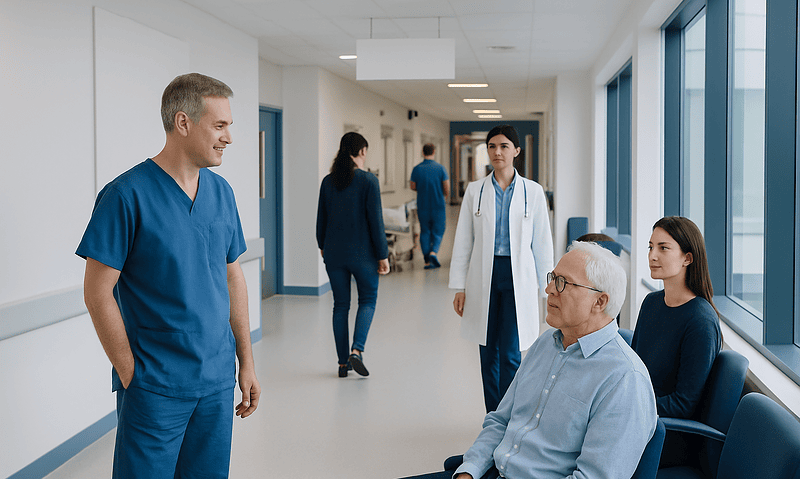Medical consultation at Acibadem Hospital with doctors and patient in corridor.