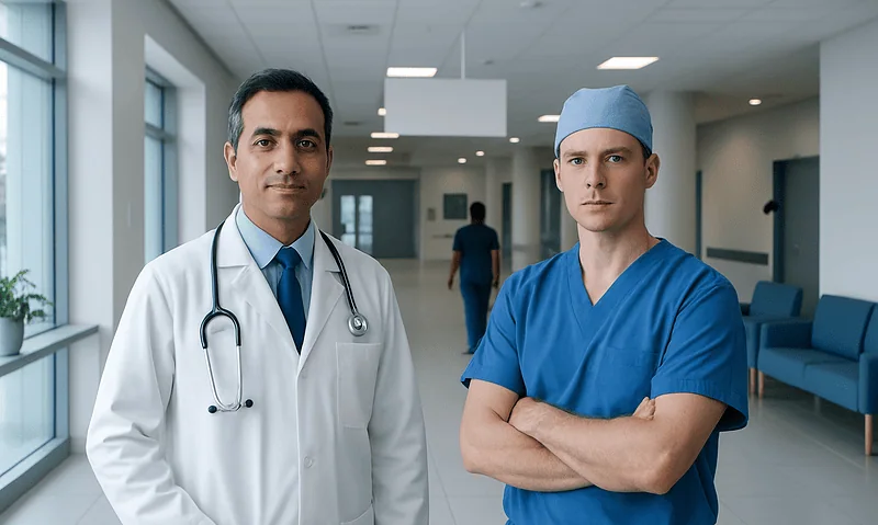 Medical professionals in hospital corridor, one in white coat, one in blue scrubs.
