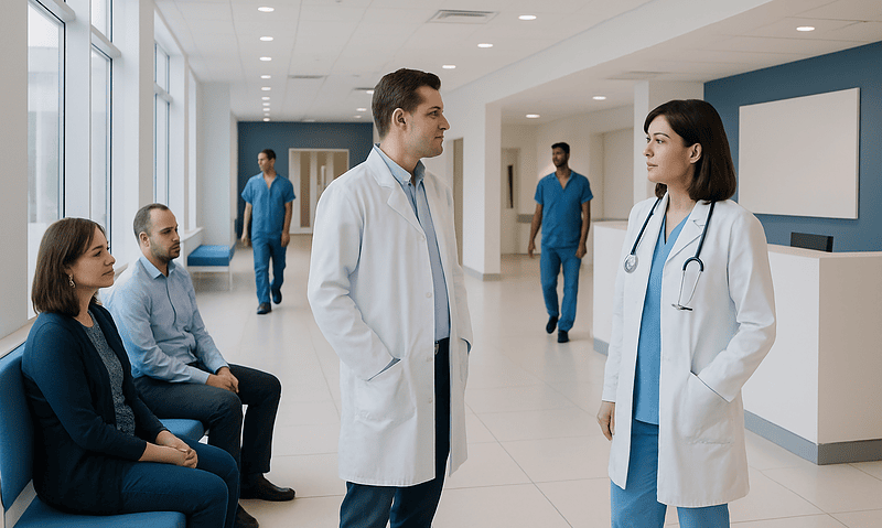 Medical Blockchain vs Traditional Health Records: What Changes for Patients? 7 Doctors and patients in a modern hospital corridor.