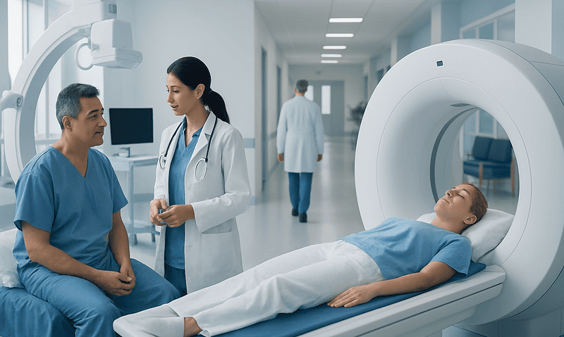 Patient undergoing a CT coronary angiogram in a hospital setting.