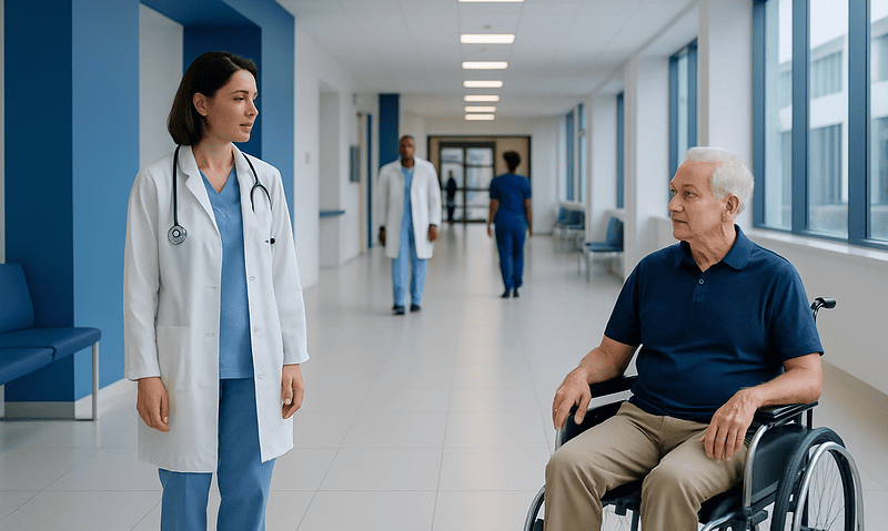 Doctor talking to elderly patient in hospital corridor.