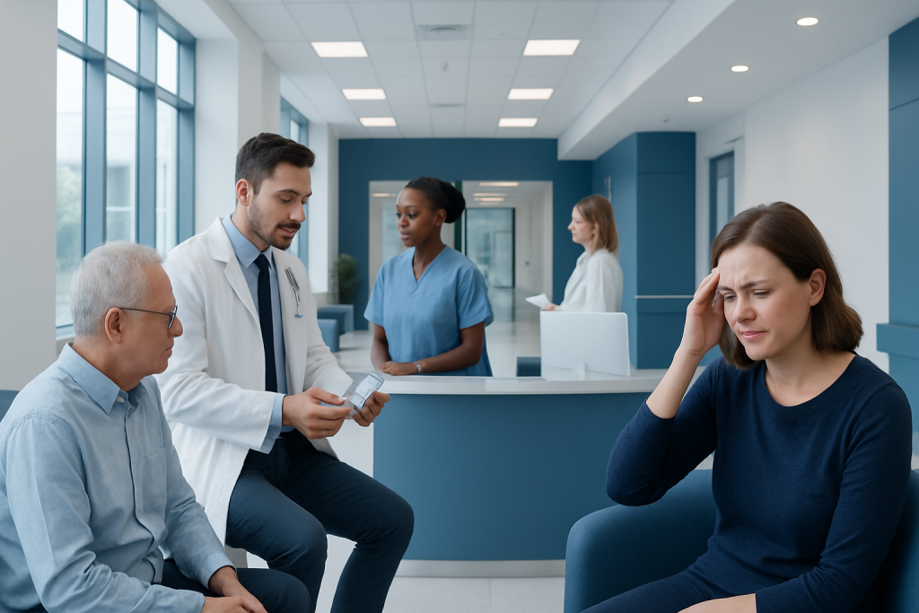 Prescription Migraine Drugs vs Over-the-Counter Pain Relievers: What Is the Difference? 1 Patients and healthcare professionals in a hospital waiting area.