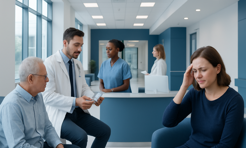 Patients and healthcare professionals in a hospital waiting area.